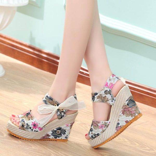 

dress shoes wedges for women 2021 summer casual beach sandals peep toe platform ankle strap lace bow high heels women's, Black