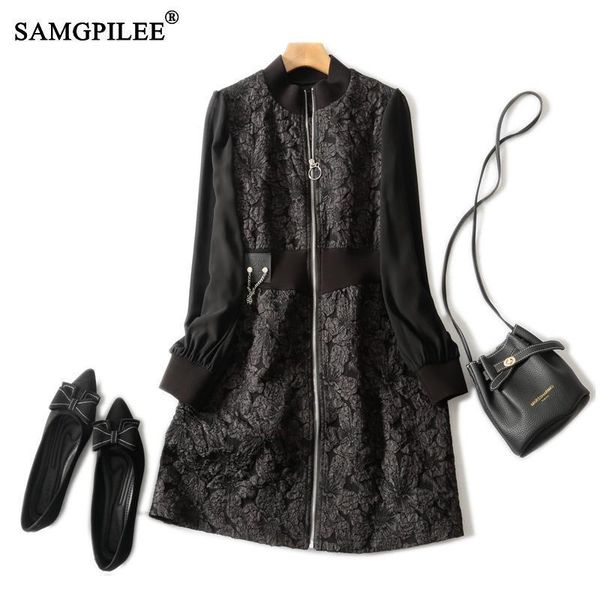 

casual dresses elegant for women 2021 office lady a-line print full sleeve plus size empire stand collar winter dress woman 4xl, Black;gray