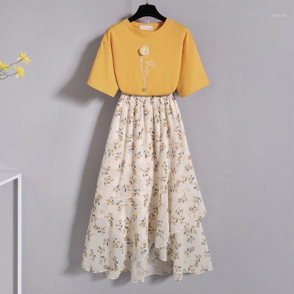

women's tracksuits women summer t shirt 2pcs set short sleeve +high waist floral print skirt sets female fashion ruffled skirts suit l, Gray