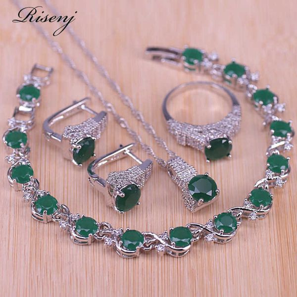 Risenj pietra verde mela in stile russo con set di gioielli color argento con zirconi bianchi per collana con anello per orecchini da donna H1022