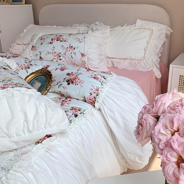 

bedding sets exquisite small floral washable cotton princess style romantic bubble sleeve quilt cover set pillowcase king  4 pcs