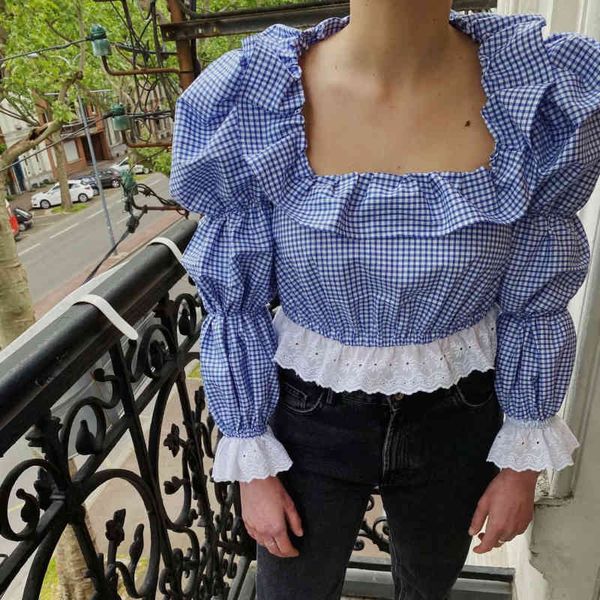 

women's knits & tees casual woman slim plaid ruffles patchwork cotton blouses 2021 spring fashion ladies sleeve girls sweet p, White