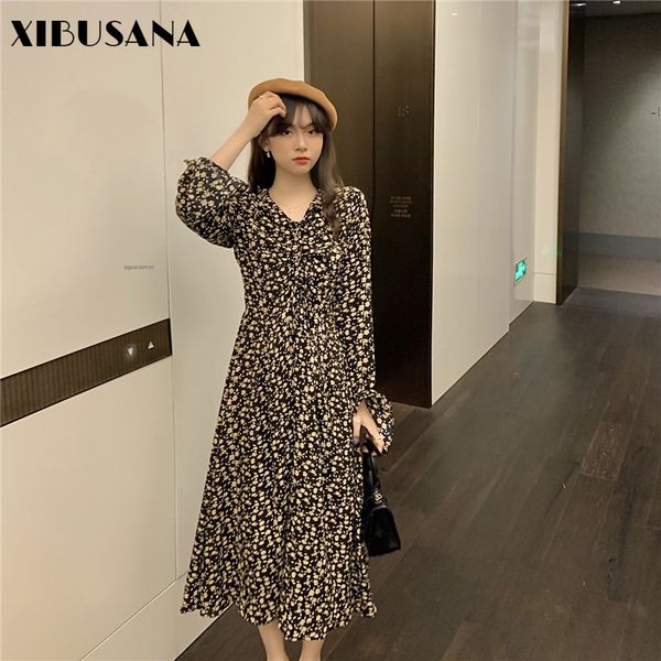 

ruffled collar autumn mid calf drawstring dress vestido lady long sleeve a-line slim black es 210423, Black;gray