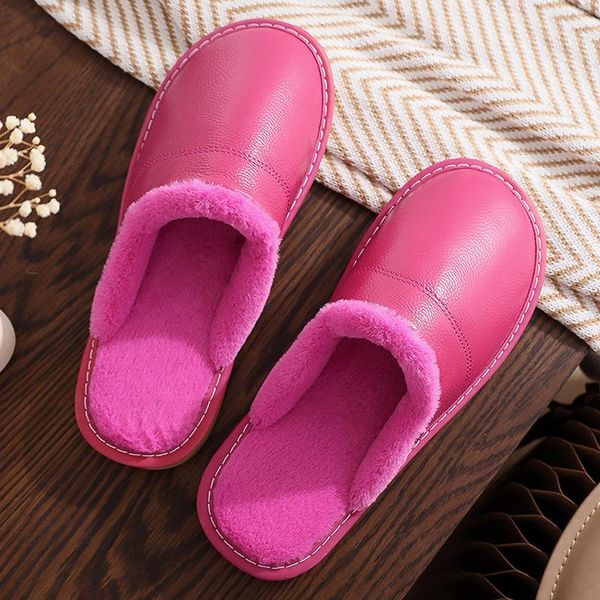 

slippers luxury genuine cow leather cowhide women's pvc rubber sole winter warm flannel lining shoes comfortable couple, Black