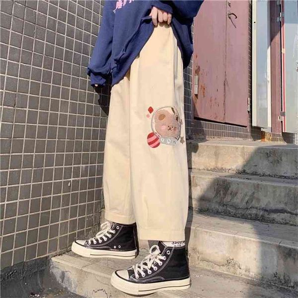 HOUZHOU Harajuku Pantaloni beige Kawaii Soft Girl Estetica Cartoon Dritto Oversize Vita alta Cute Japan Style Pantaloni Donna 210915