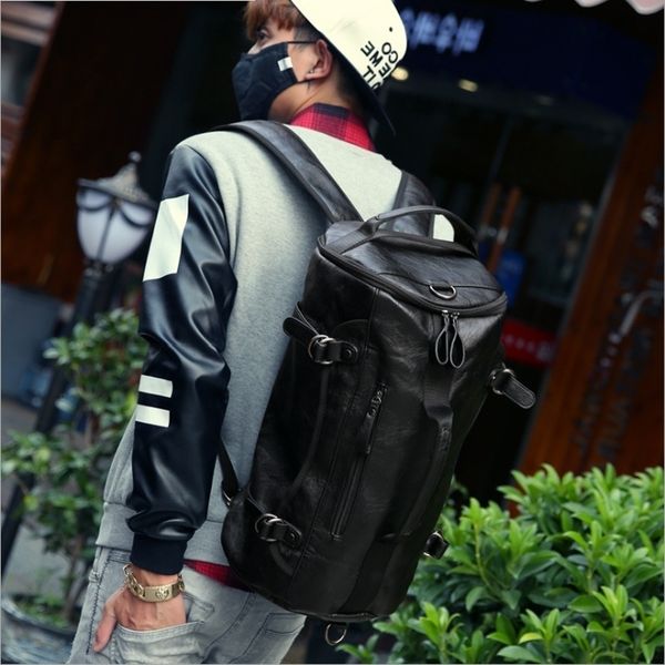 

double shoulder bag single sling pu leather outdoor travel bucket large capacity luggage backpack men's trend