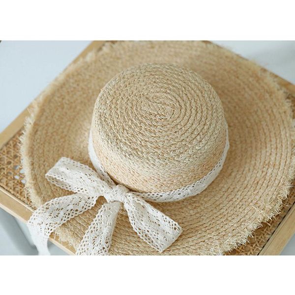 

wide brim hats designer handmade women raffia straw hat summer beach uv cut white bow lace ribbon nature color cap burrs flat girls outdoor, Blue;gray