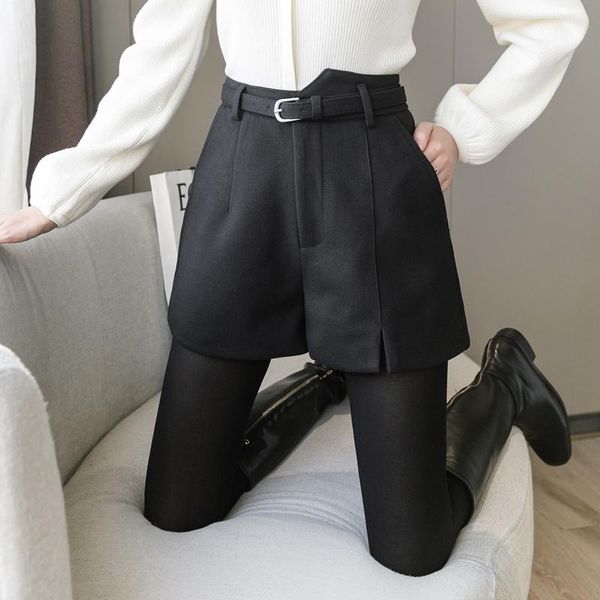 

women's shorts suit short pants women 2021 belted irregular spring autumn wide leg womens woolen high waist casual slit, White;black