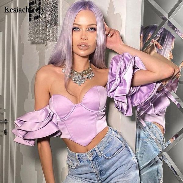 

women's tanks & camis kesiachiccly ruffles off shouler crop v neck backless cute tube t-shirt back zipper club party women summer t, White