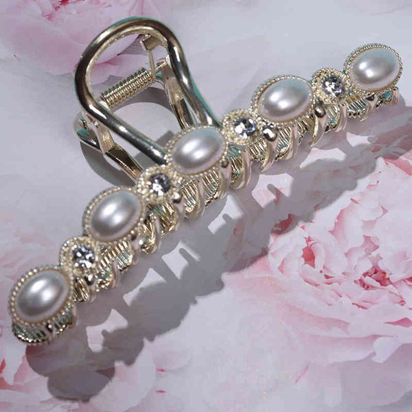 

hair accessories jewelry 5 large pearl clip, slotted metal shark diamond inlaid female pin, dressing back clip, Golden;white