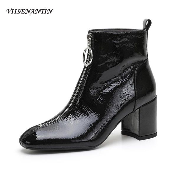

boots black leather autumn winter korean version patent front zipper round head thick high heel short women