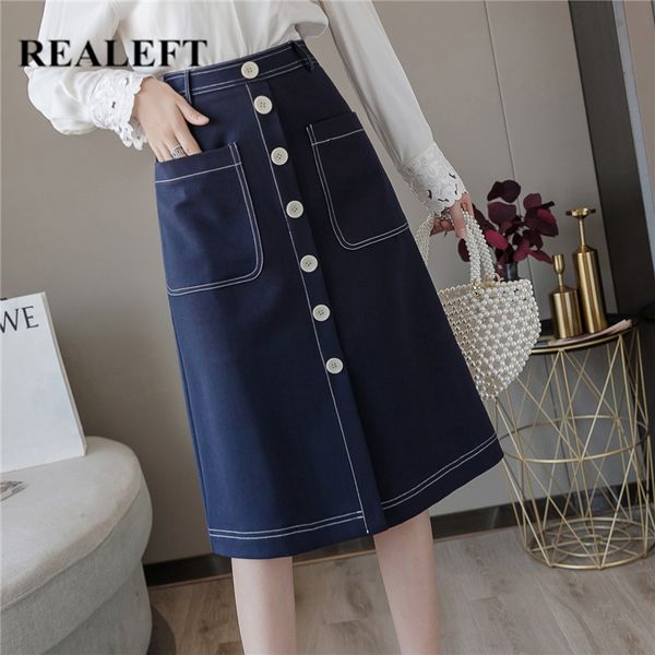 

spring single breasted chic women midi skirts korean ol style high waist a-line with pocket female 210428, Black
