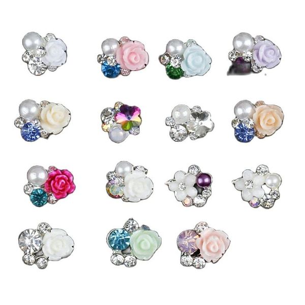 

nail art decorations 10pcs/bag colorful rose alloy decoration pearl with crystal diamond charms resin mini flower manicure accessories jl#91, Silver;gold