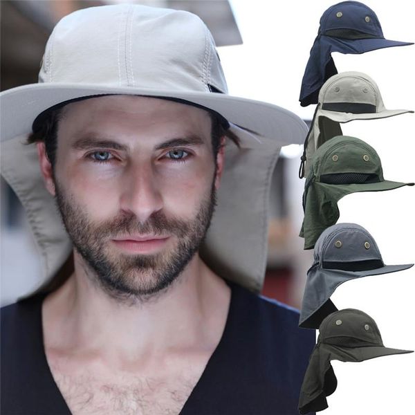 

cloches outdoor fishing camping hunting boonie snap hat brim cap ear neck cover sun flap visor hiking garden men, Blue;gray