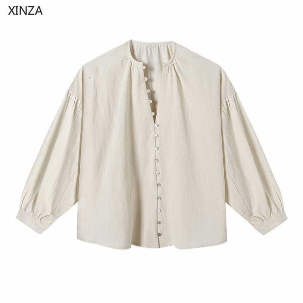 

women's blouses & shirts shirt women rustic long sleeve vintage loose summer blouse feminine fashion button up khaki casual z, White