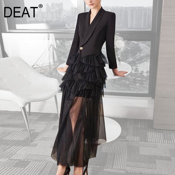 

summer and spring fashion women clothes turn-down collar full sleeves ruffles mesh patchwork suit dress wn26001 210421, Black;gray