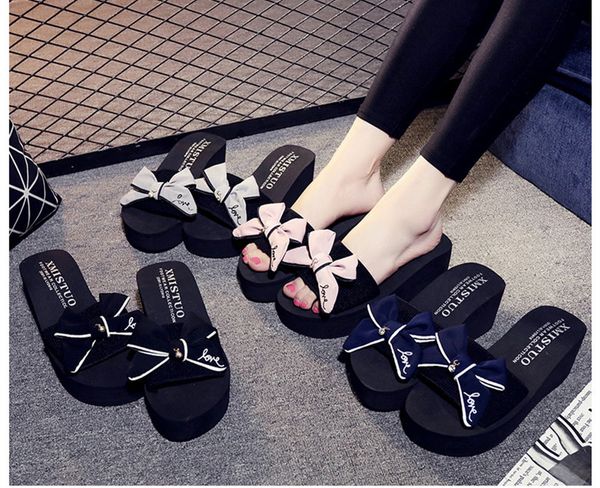 

2021 summer womens wedges sandals slippers with bow slides outside high heels beach female slippers1, Black