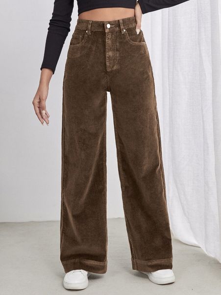 

high waist slant pocket cord pants w8za#, Black;white