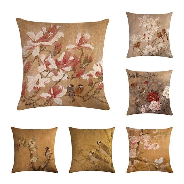 

cushion/decorative pillow 45x45cm birds case linen cushion sofa car vintage cover home decoration flower pillowcase