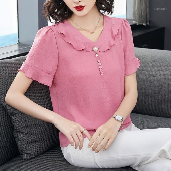 

women's blouses & shirts 2021 summer fashion loose shirt short sleeve ruffle chiffon female plus size casual blouse ladies, White
