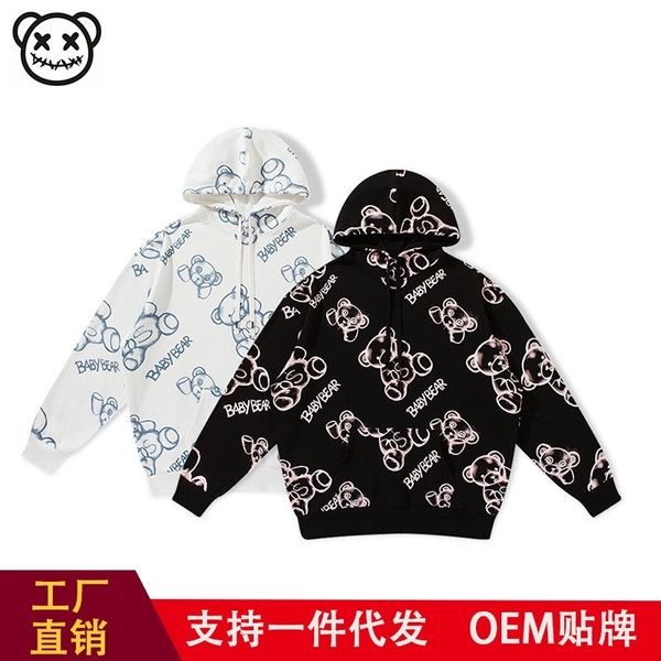 

teddy bear graffiti print korean spring and autumn sweater long sleeve hip hop trend student couple casual hoodie, Black