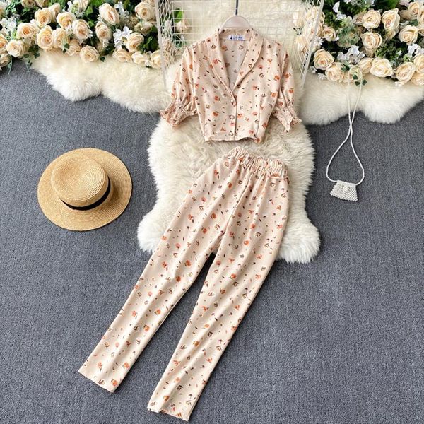 

floral two piece suit womenpant lapel short puff sleeve all match high waist carrot pants uk649, White