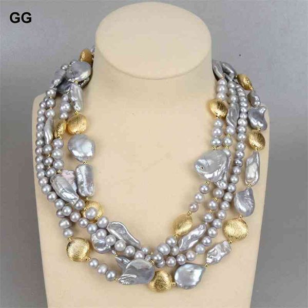 

guaiguai jewelry natural 4rows grey keshi baroque gray biwa pearl gold color coin necklace for women, Slivery;golden