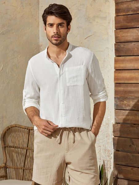 

men pocket patched rolled tab sleeve shirt 67tk#, White;black