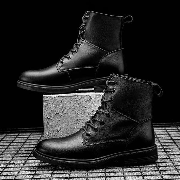 

boots men winter shoes warm genuine leather snow hard-wearing high-big size, Black