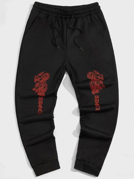 

men dragon & letter graphic drawstring waist sweatpants l9kq#, Black