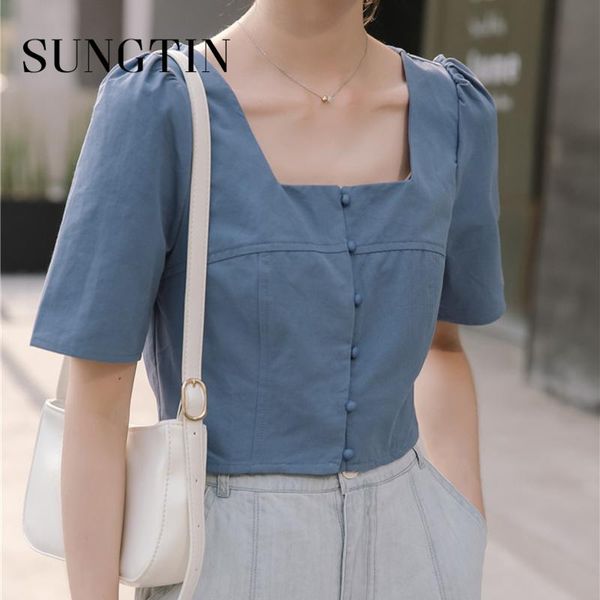 

women's t-shirt sungtin sweet cropped square collar solid short woman puff sleeve t shirts korean chic vintage elegant female summer, White