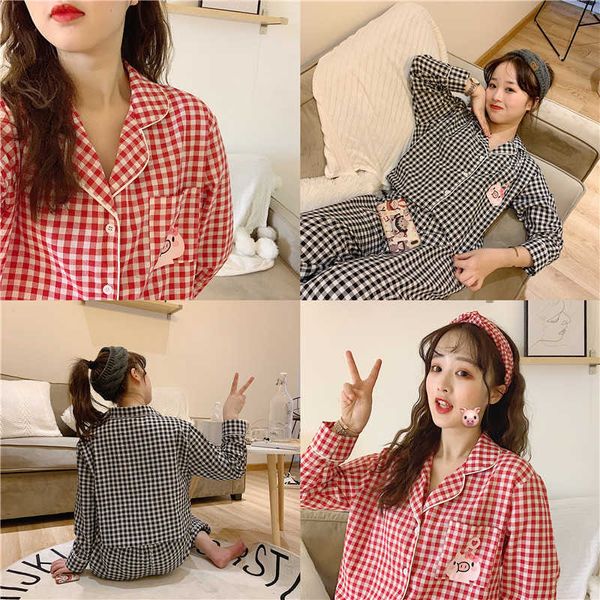 

women's sleepwear spring autumn women pajamas set 2 piece fashion notched collar cute pig pocket design long sleeve plaid pyjama 6, Black;red