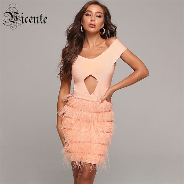 

trendy feathers design key hole off shoulder mini dress celebrity party club bandage 210520, Black;gray