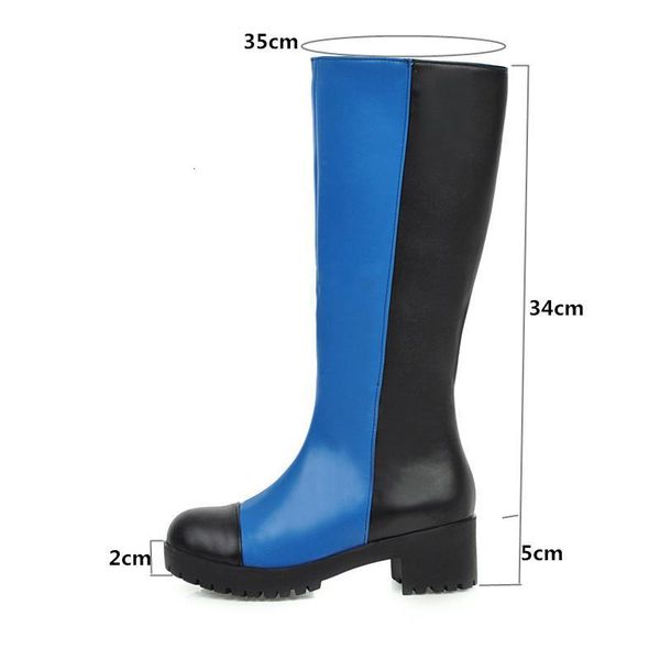 

boots ymechic autumn chunky block high heels mid long riding womens blue white patchwork ladies shoes plus size botas 43 42 shtj, Black