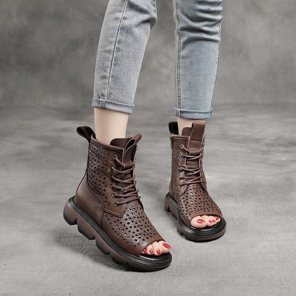 

boots summer thin air permeability hole shoes thick bottom open toe hollow out footwear women leather retro british, Black