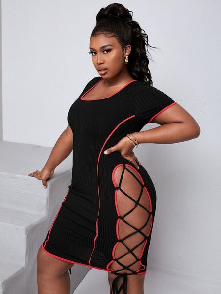 

sxy plus rib knit contrast binding lace up side dress 74k3#, Black