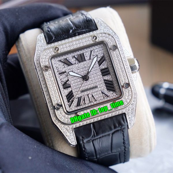 

3 styles luxury watches twf v12 100 xl full diamond miyota automatic mechanical mens watch diamonds dial leather strap gents sports wristwat, Slivery;brown