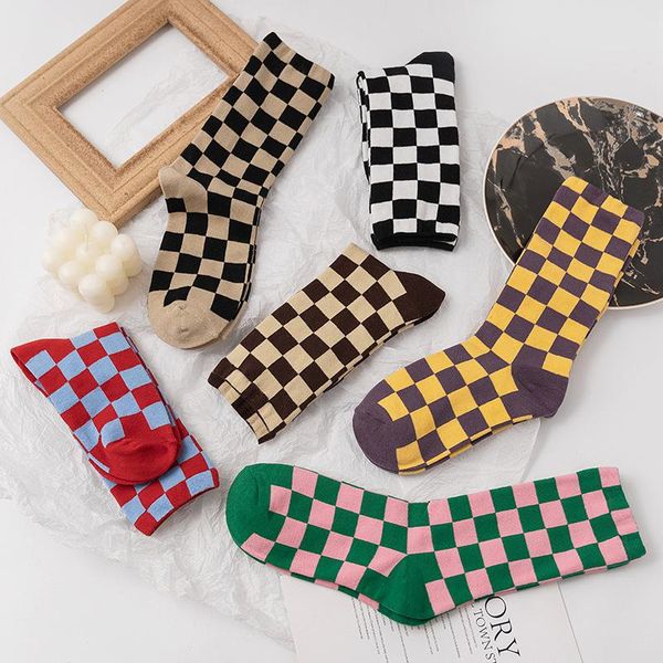 

men's socks 1 pair checkerboard color square female style college autumn black and white warm cotton stockings