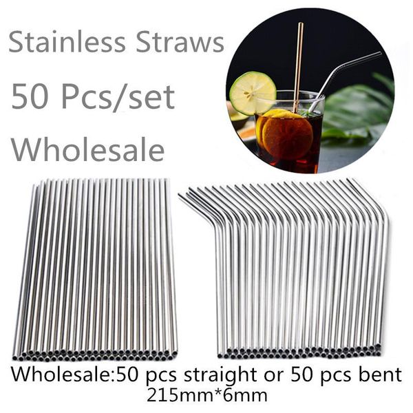 

drinking straws 50pcs/set eco friendly metal straw reusable wholesale stainless steel tubes 215mm*6mm straight bent for beer