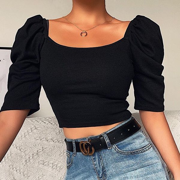 

women summer puff sleeve crop office lady casual solid rib knitted half pullover blouse women's blouses & shirts, White