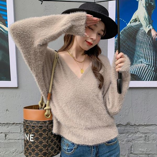 

women's sweaters mohair v-neck plus large size oversize korean style fashion pullovers for autumn clothing ladies sweater 2021, White;black