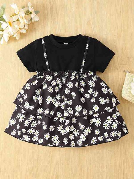 

baby floral print frill trim layered hem 2 in 1 dress she, Red;yellow