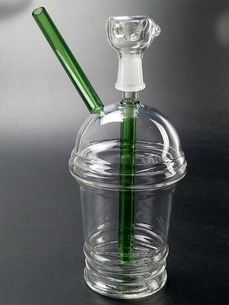 Mini 4 polegadas Clear Glass Bong com canóis de palha verde Fumar tubulação de plataformas petrolíferas