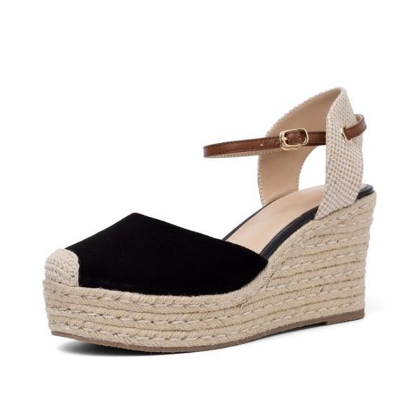 

slope heel shoes women's leather high heels platform hollow buckle sponge cake sandals, Black