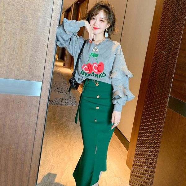 

women's tracksuits letter print beaded space cotton sweater + hip split half skirt suit 2021 autumn, Gray