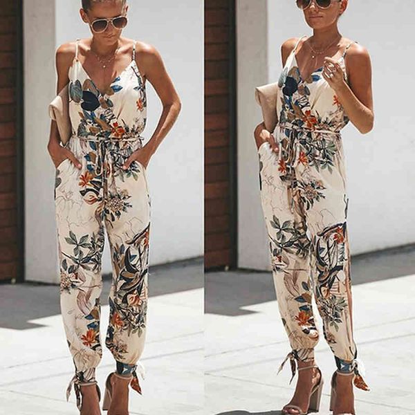 

spaghetti strap summer jumpsuits women playsuit floral printed rompers pockets backless loose casual bodysuits female 210507, Black;white
