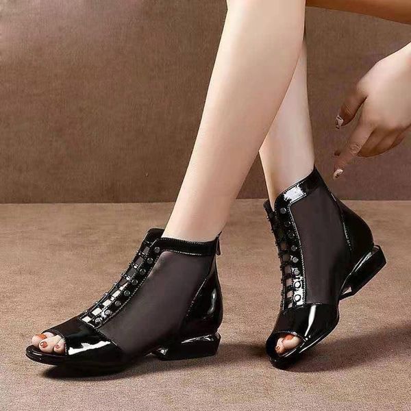 

sandals gladiator peep toe ankle boots 2021 summer shoes female mesh sandalias botas cover heels cross-tied breathable 9060l, Black