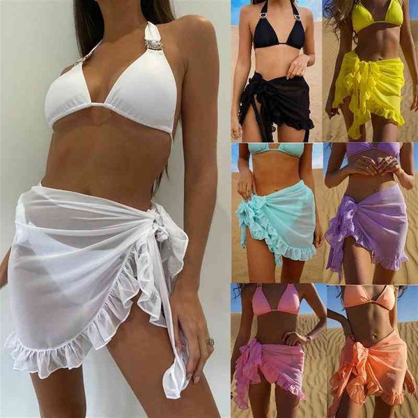 

women swimsuit cover-ups skirt summer solid color wrap skirt swimwear female ruffles trim lace up sarong cover ups, White;black