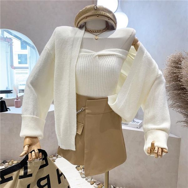

women's knits & tees niche design clothing 2021 autumn fashion loose lazy style knitted cardigan sweater chest wrap two piece set, White