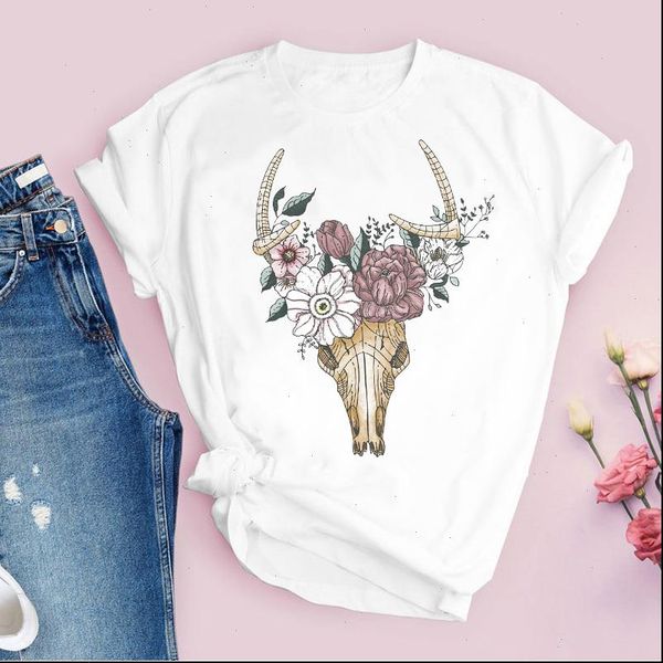 

women printing graphic bull t shirts heifer skull floral fashion cute printed lady tees clothing female shirt, White